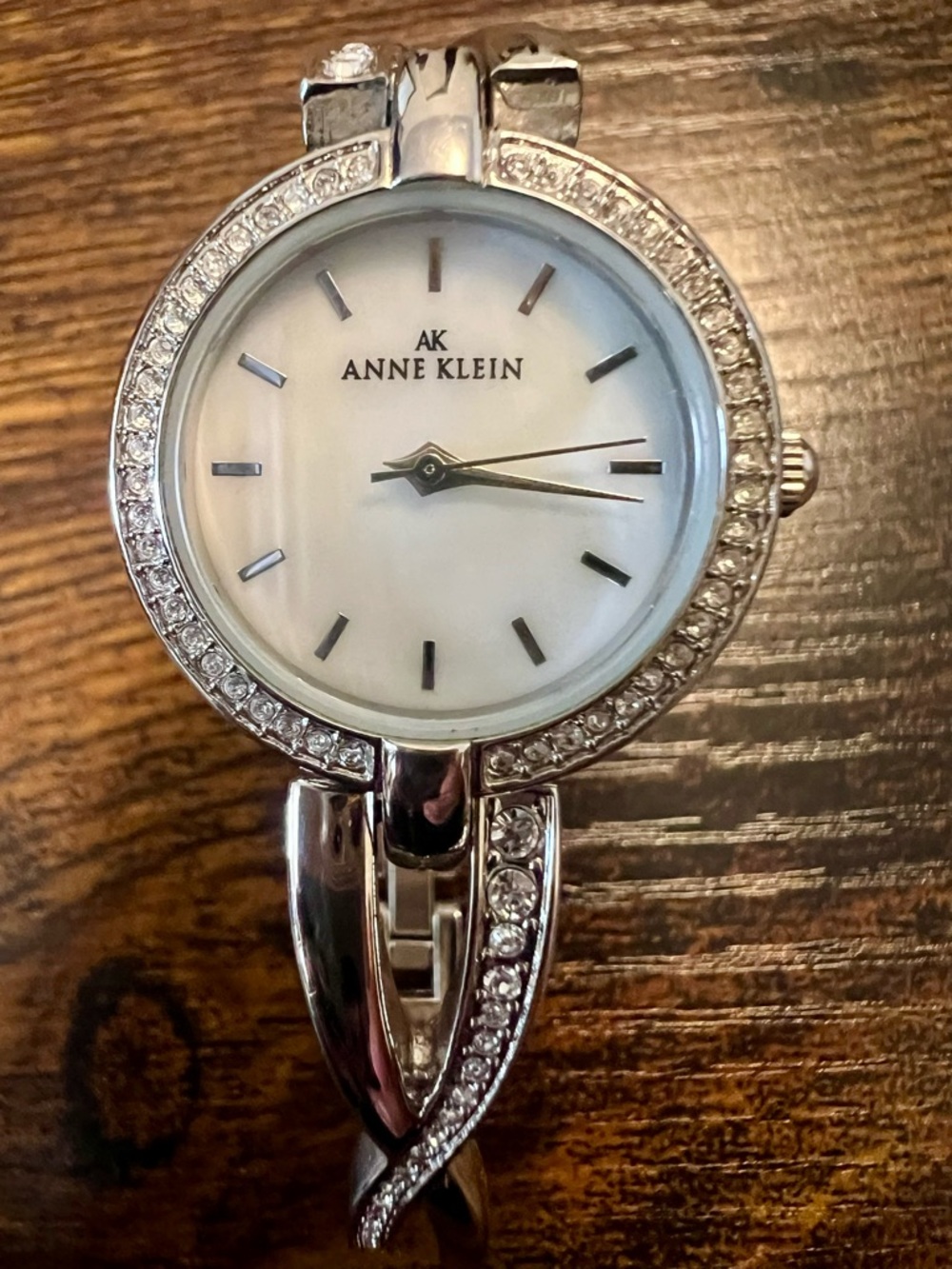Anne Klein Silver-tone Crystal Bangle Watch with Mother-of-Pearl Dial